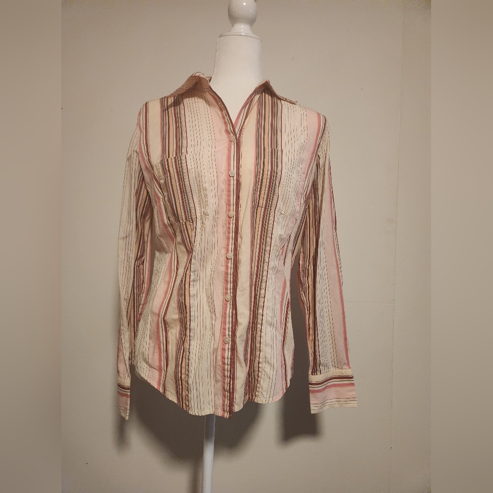 Ann Taylor's LOFT Pink Purple Olive Striped Button Down Long Sleeve Shirt 6 EUC